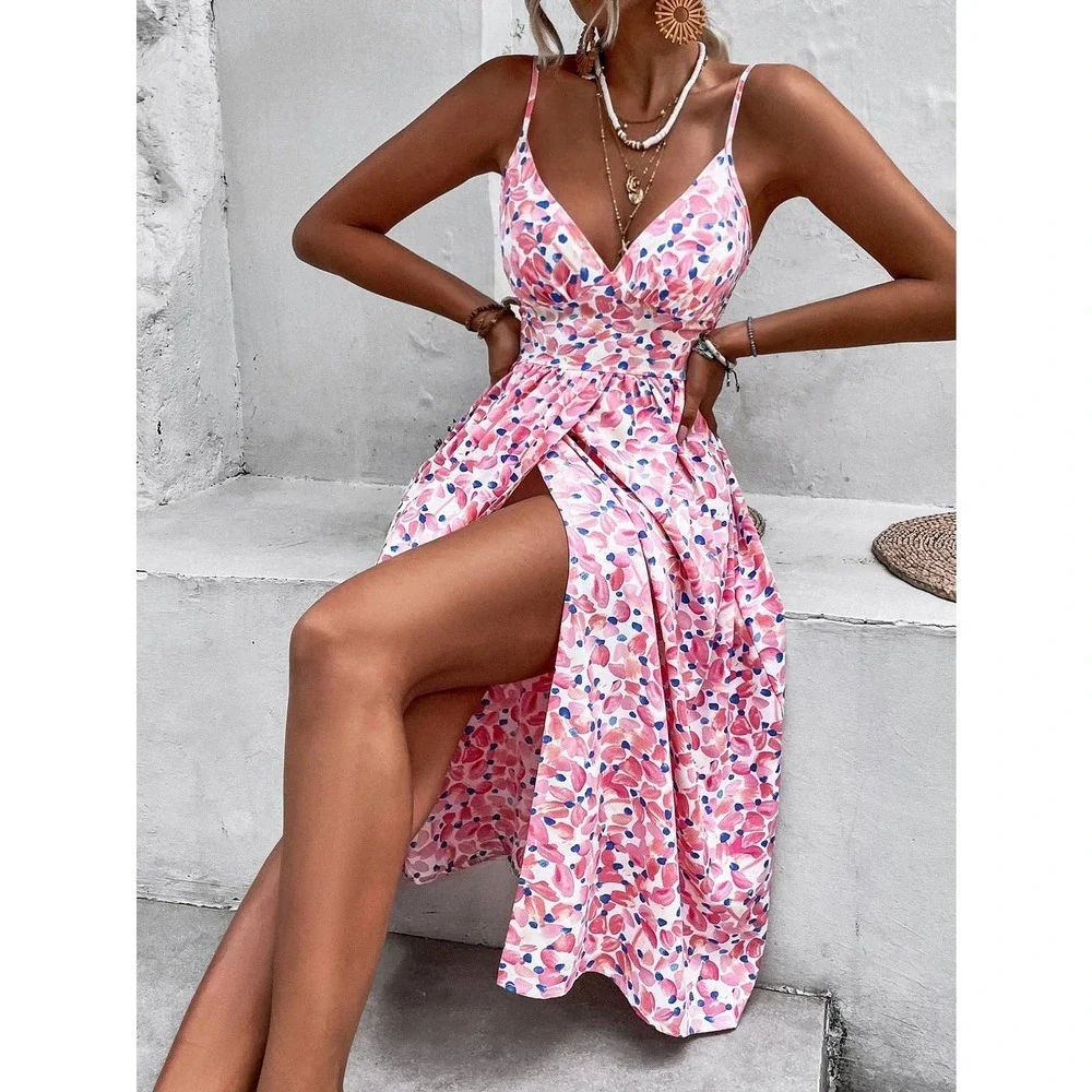 Boho Floral Print Split Thigh Shirred Cami Strap Midi Dress pink - Picture 5 of 6